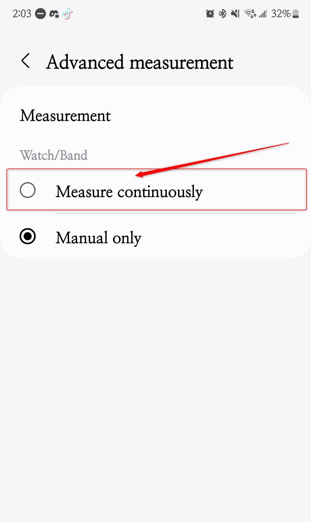 An advanced settings screen in Samsung Health where stress measurements can be set to automatic.