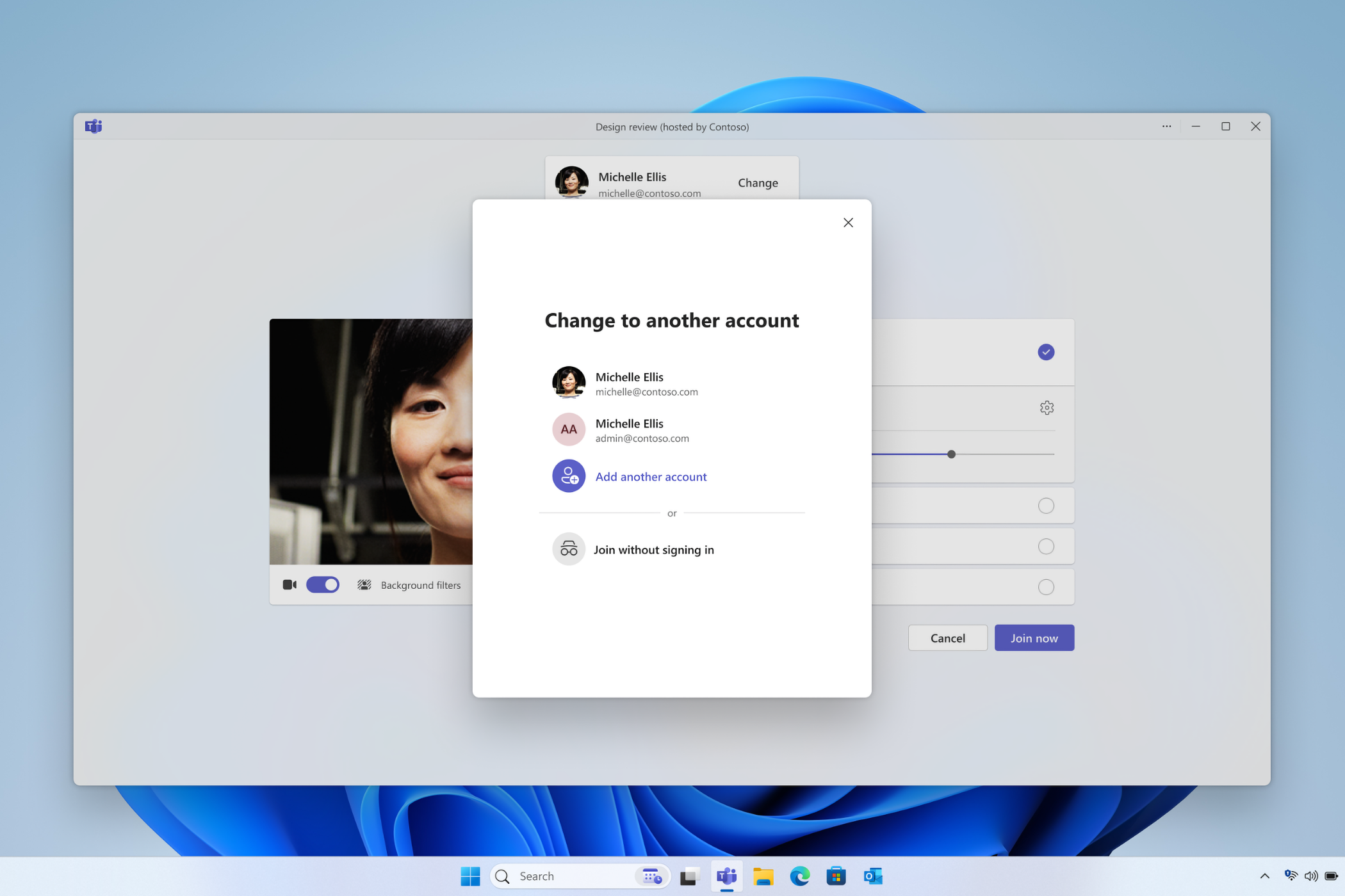 Selecting an account in Microsoft Teams for Windows.