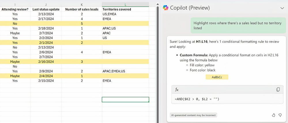 Using Copilot to apply conditional formatting to a Microsoft Excel spreadsheet.