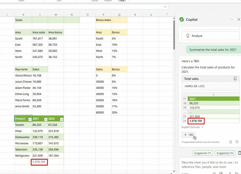 Using the Copilot sidebar in Microsoft Excel to create a formula from a prompt.