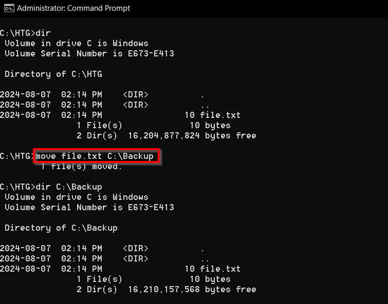 Using the move command in Windows to move a file to a new location.