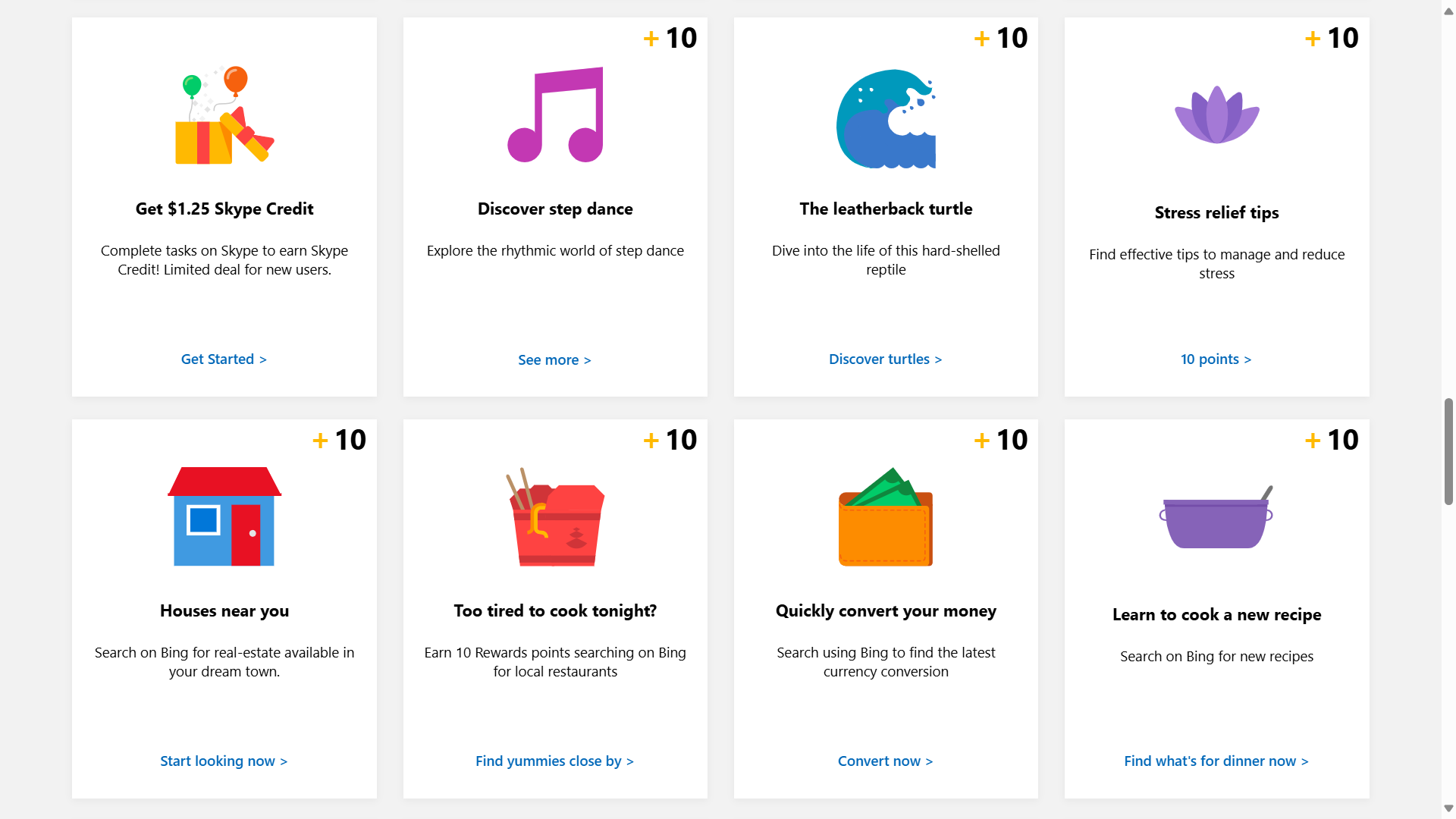 A list of various activities available on Microsoft Rewards.