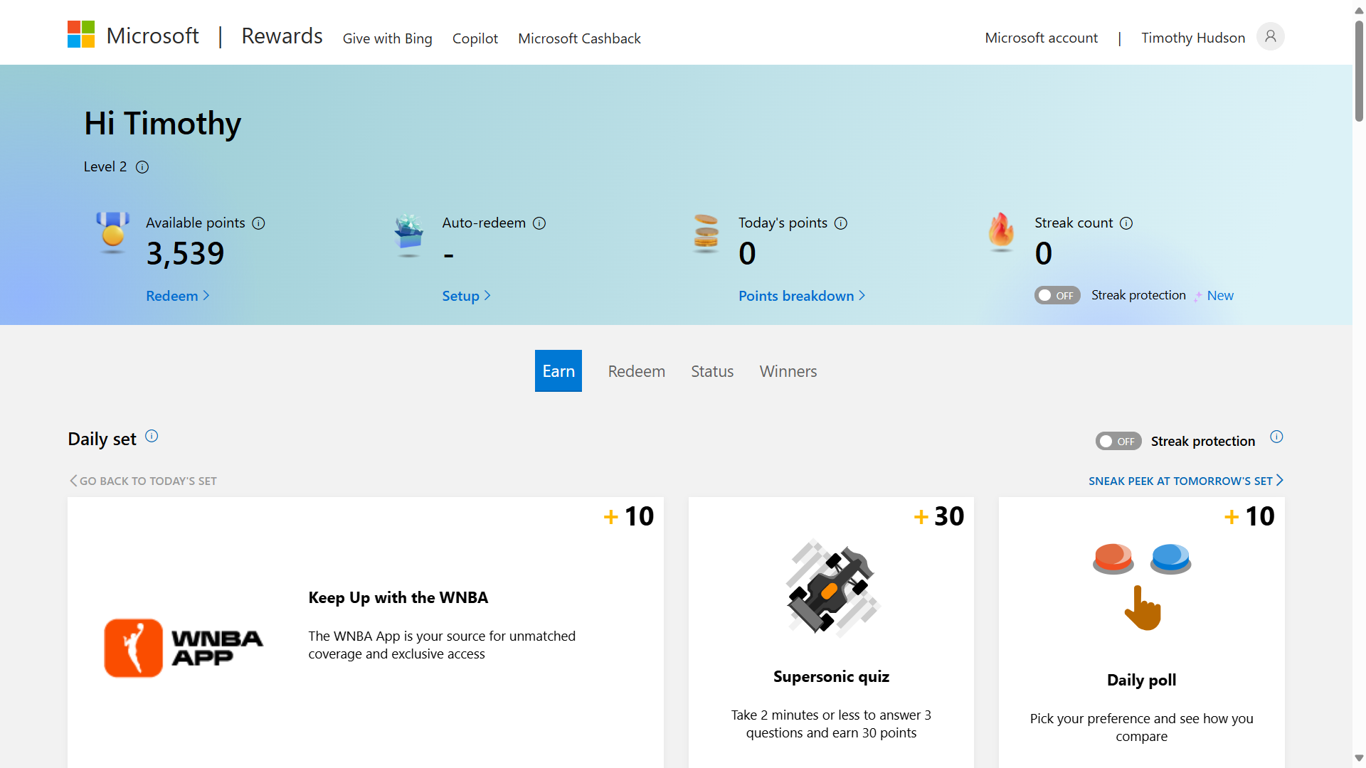 The Microsoft Rewards dashboard.