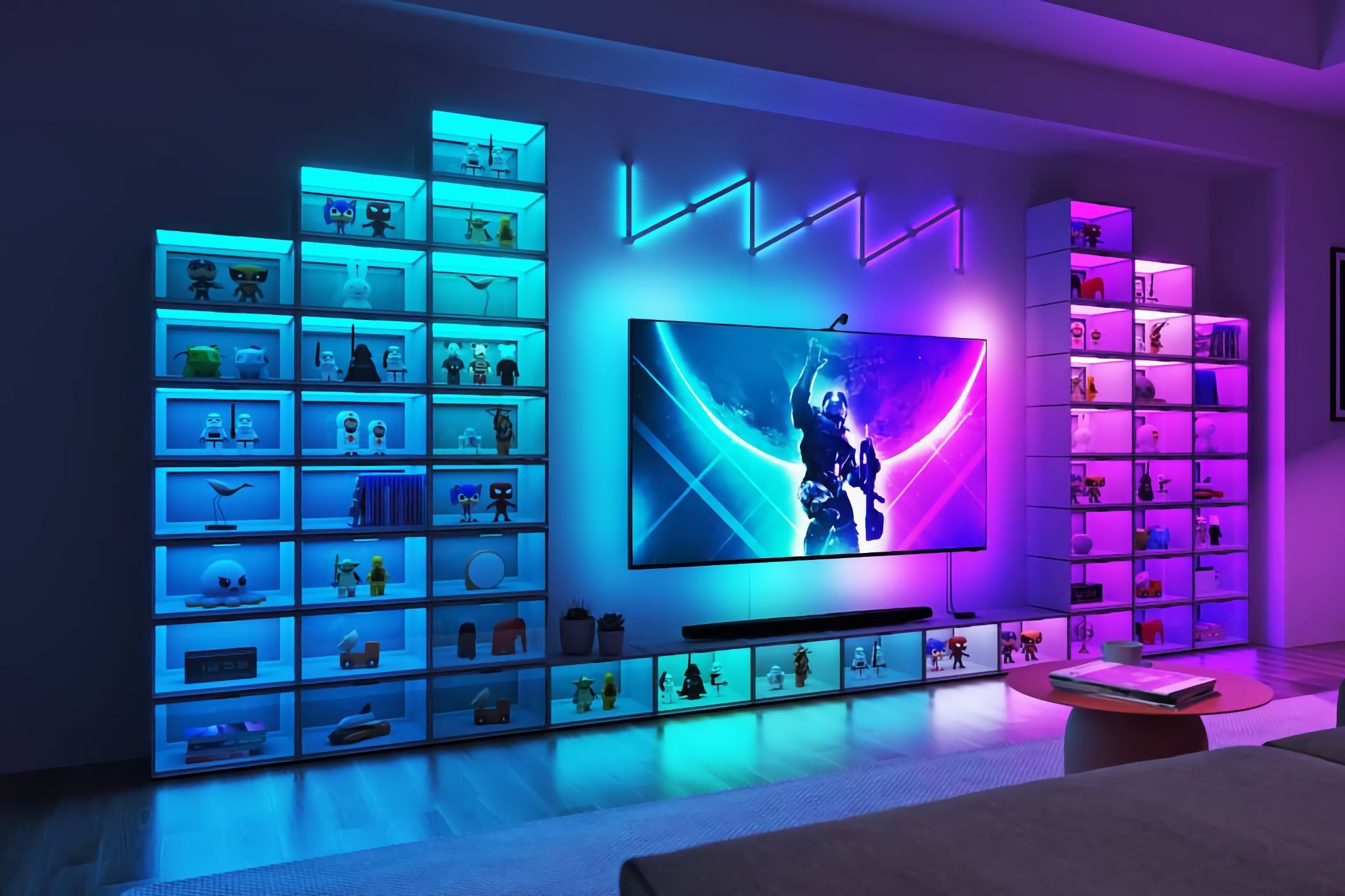 Nanoleaf&rsquo;s LED cases showcasing various items, arranged around a smart TV.