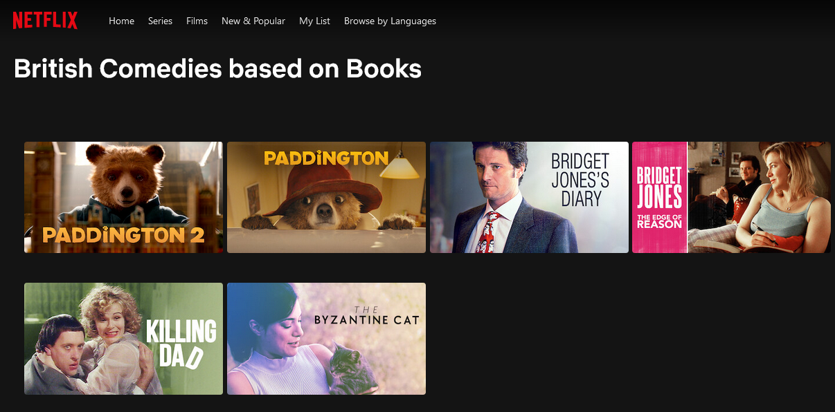 Netflix British comedies based on books category.