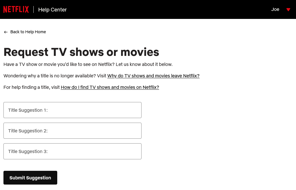 Netflix request TV shows or movies form.