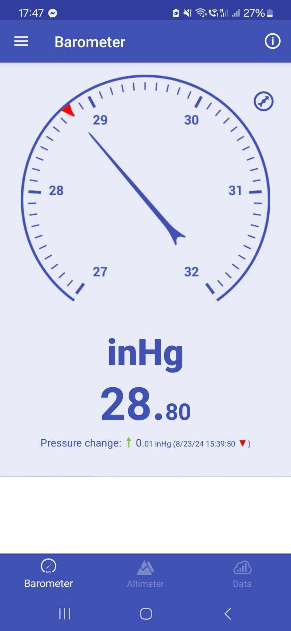 A barometer app showing an atmospheric pressure of 28.8 inHg on a smartphone.