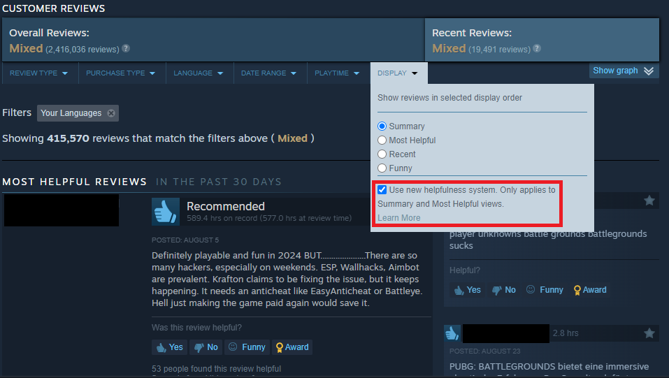 A screenshot of the reviews on the PUBG Steam store page, with the Display options shown. The new checkbox is highlighted.