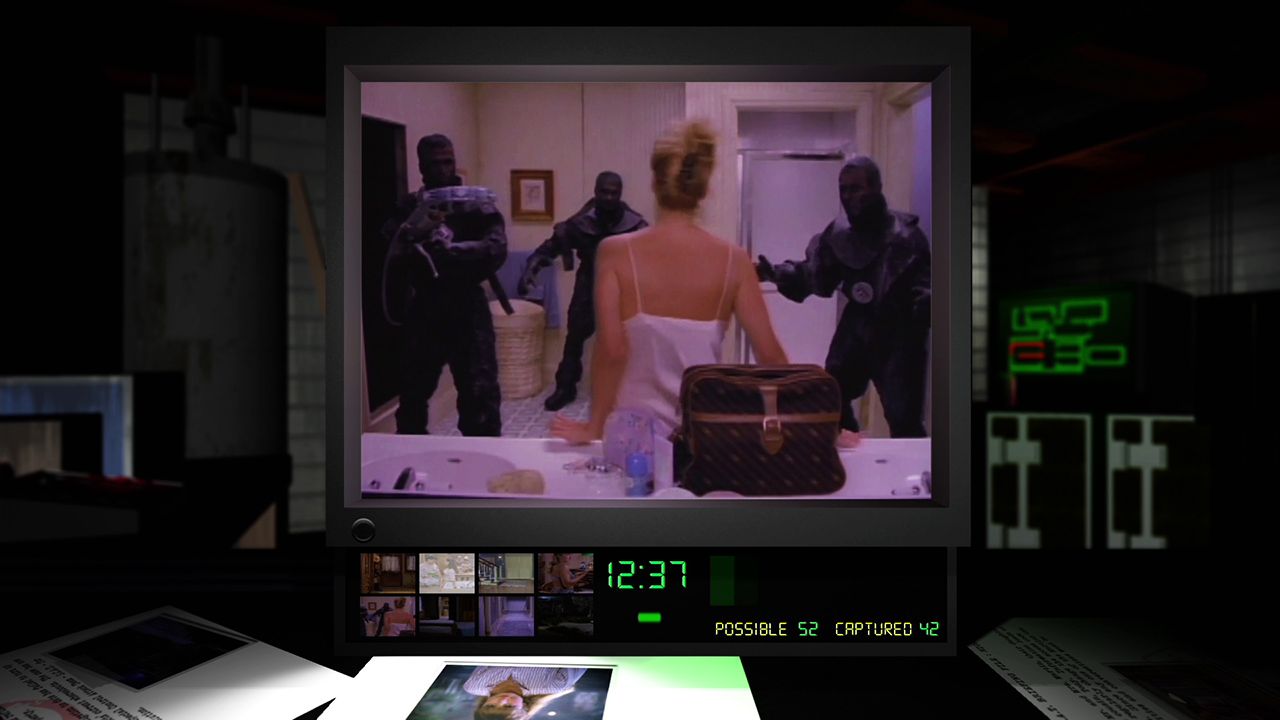 Night Trap scene where three thugs conftony a woman in the bathroom.