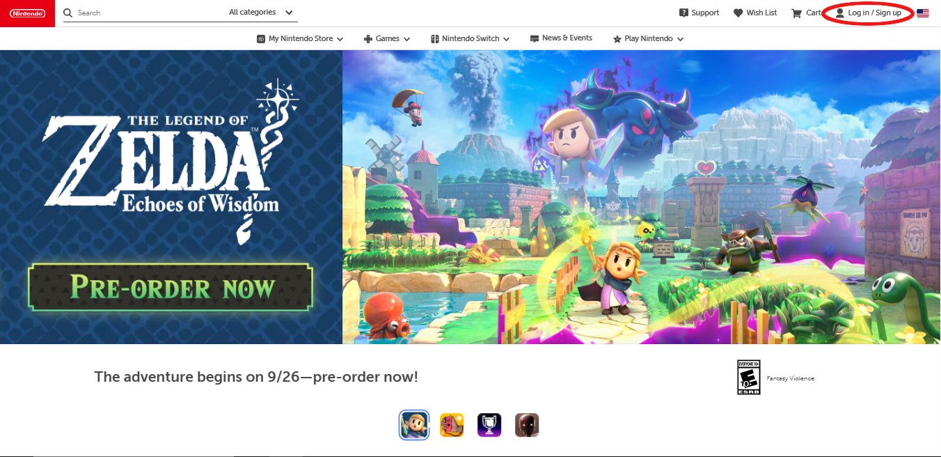 The official Nintendo website, with "Login/Signup" highlighted.