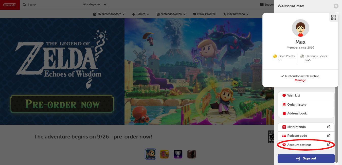 The side menu on the Nintendo Website with "account settings" highlighted.