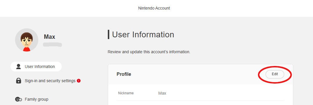 The user information tab on the Nintendo Account page, with the "edit" button highlighted.