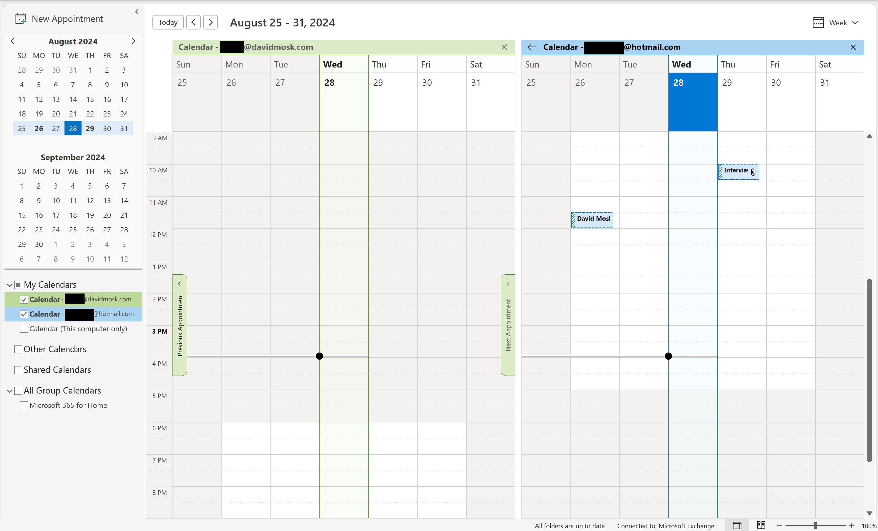 Image of calendars in old Outlook.