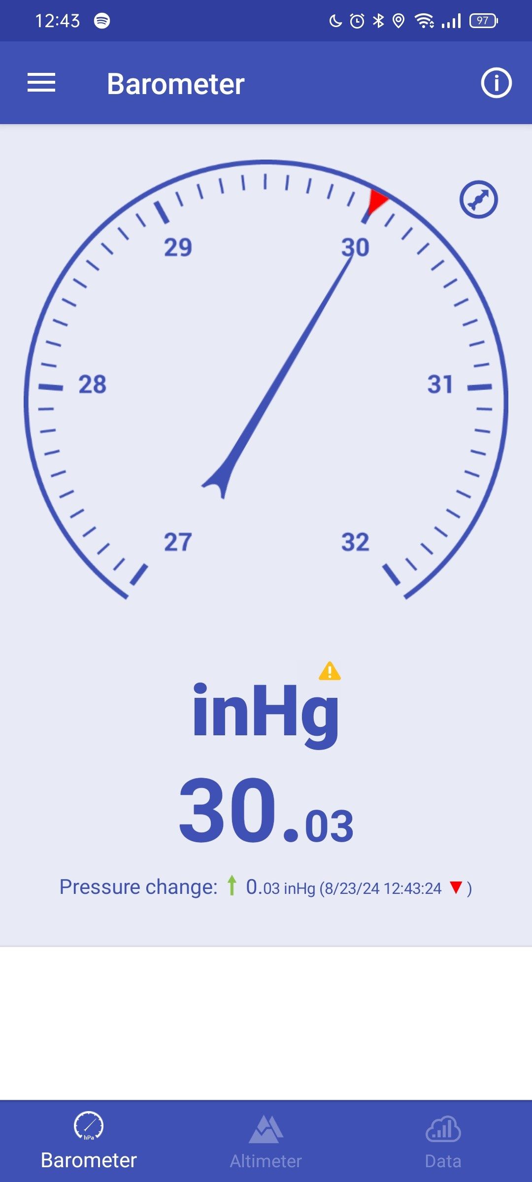 A barometer app showing a reading of 30.03 inHg with the help of an online measurement.