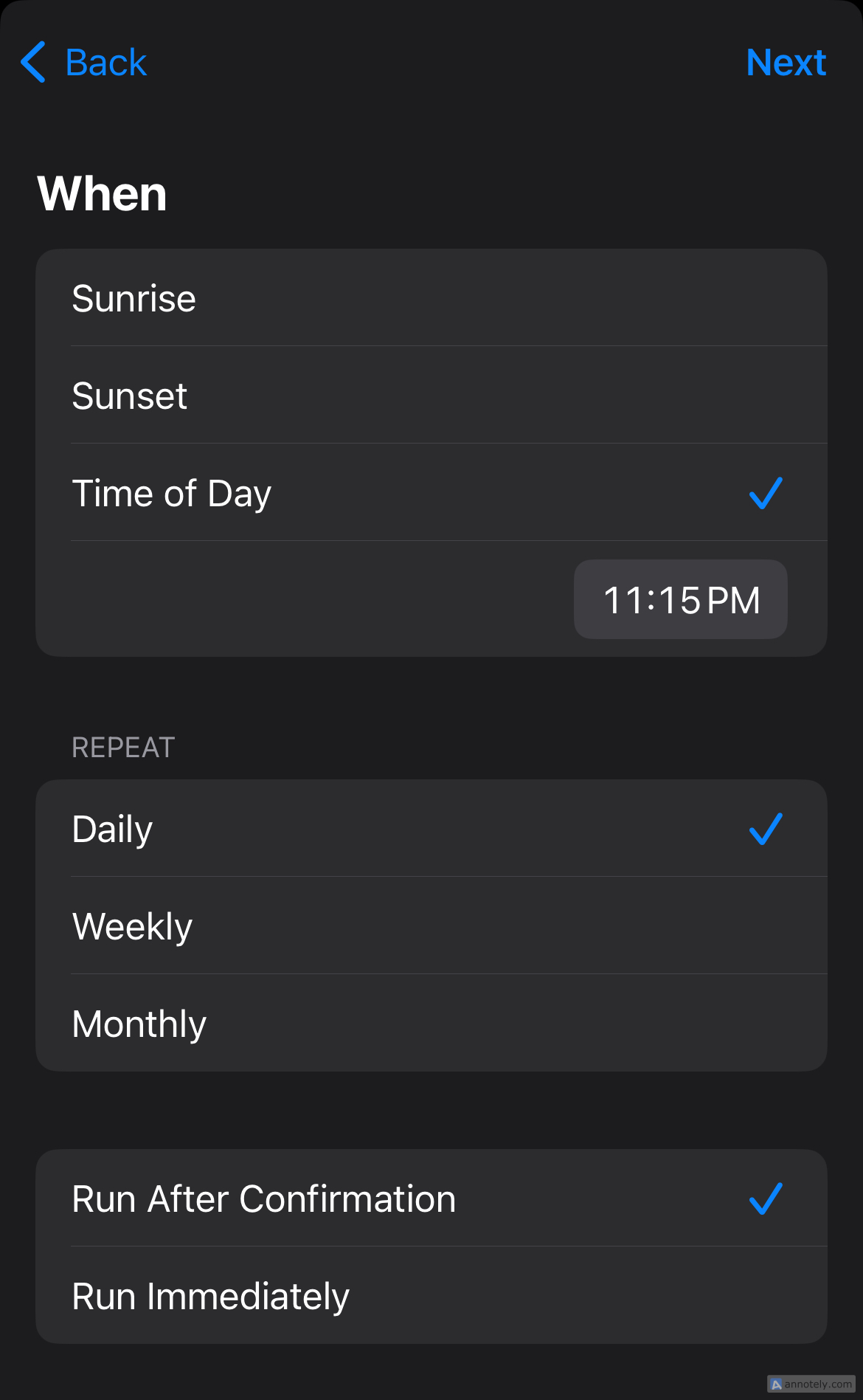 The time of day settings in Shortcuts automation.