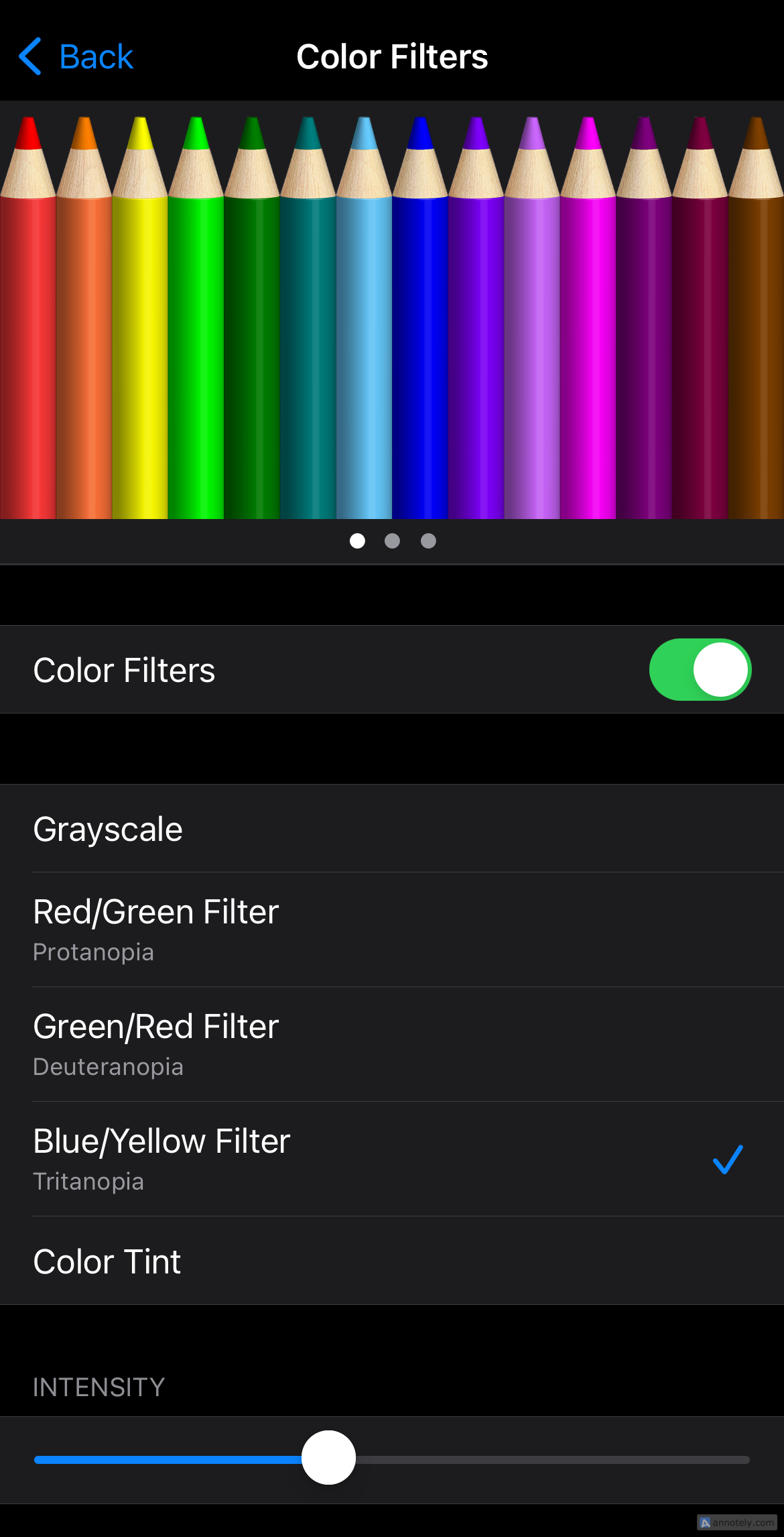 Color Filters options and intensity scale.