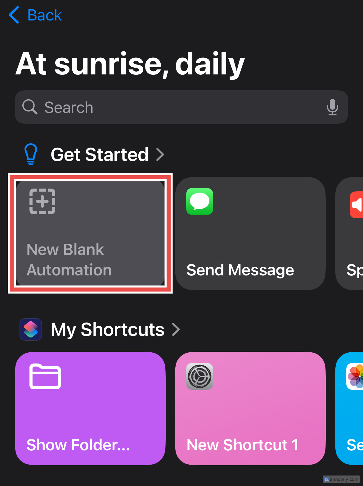 The New Blank Automation button in Shortcuts.