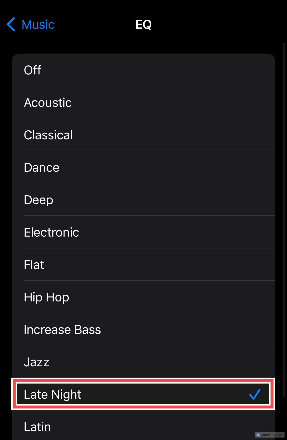 The Late Night option in EQ settings.