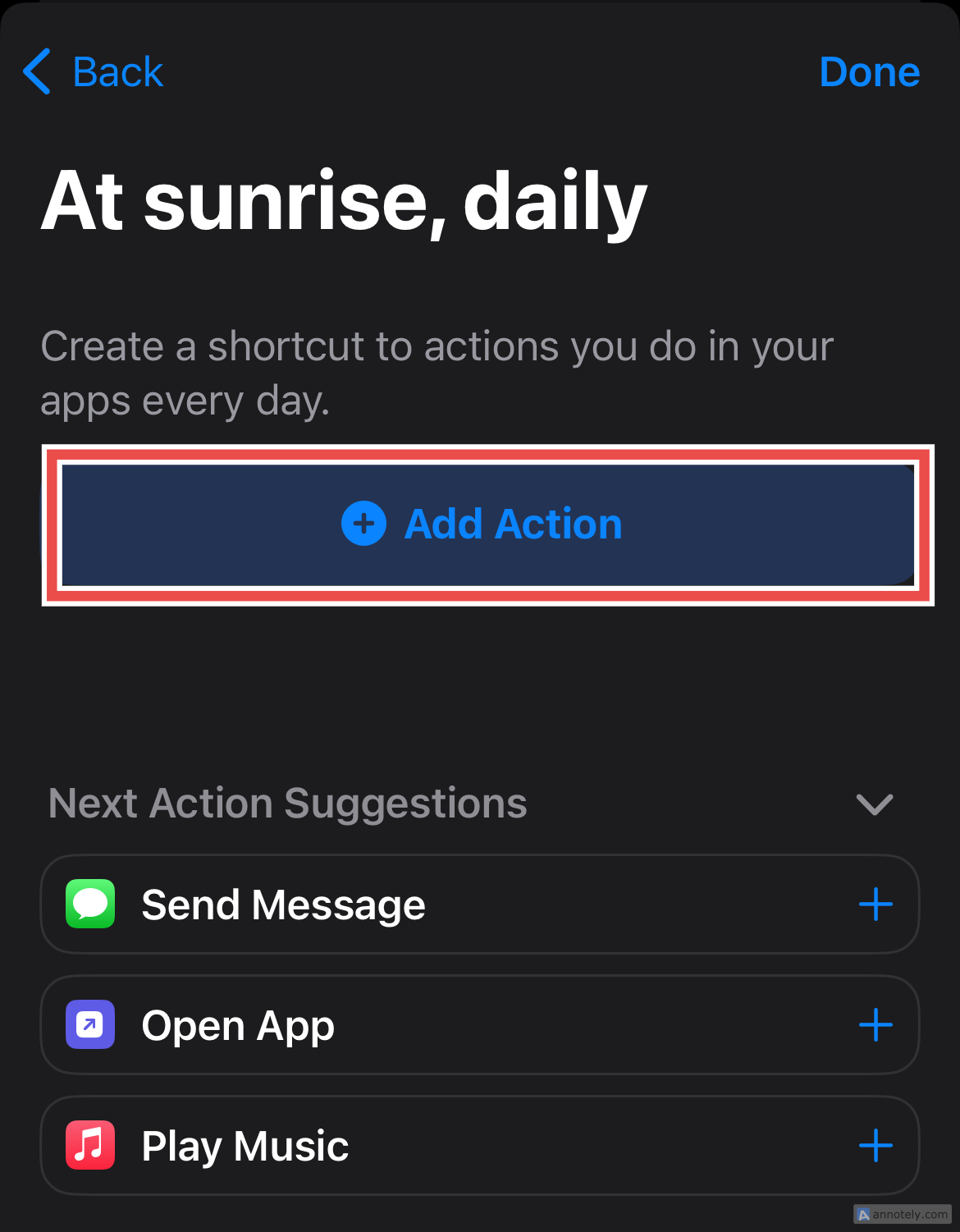 The Add Action button in Shortcuts.