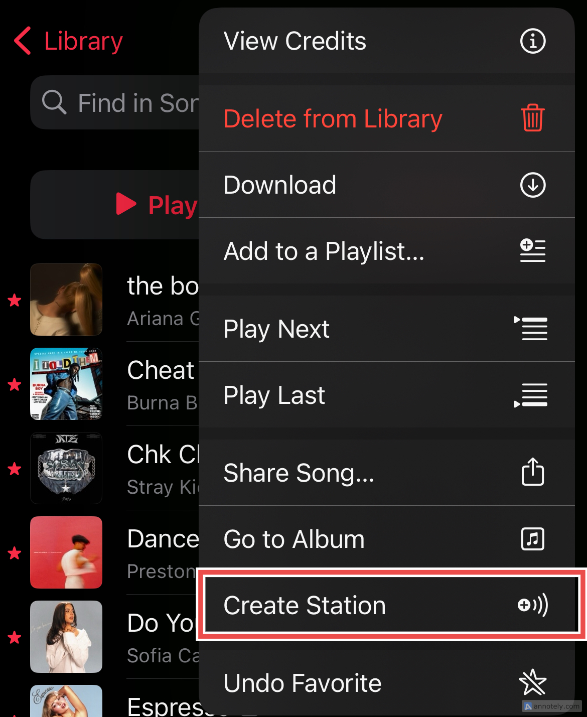 The Create Station option in Apple Music.