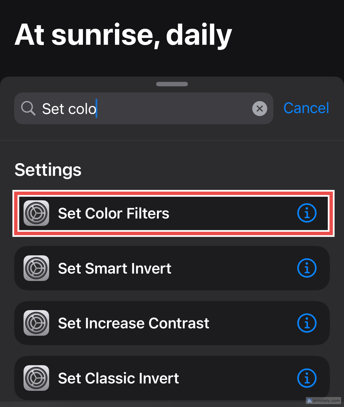 The Set Color Filters action.