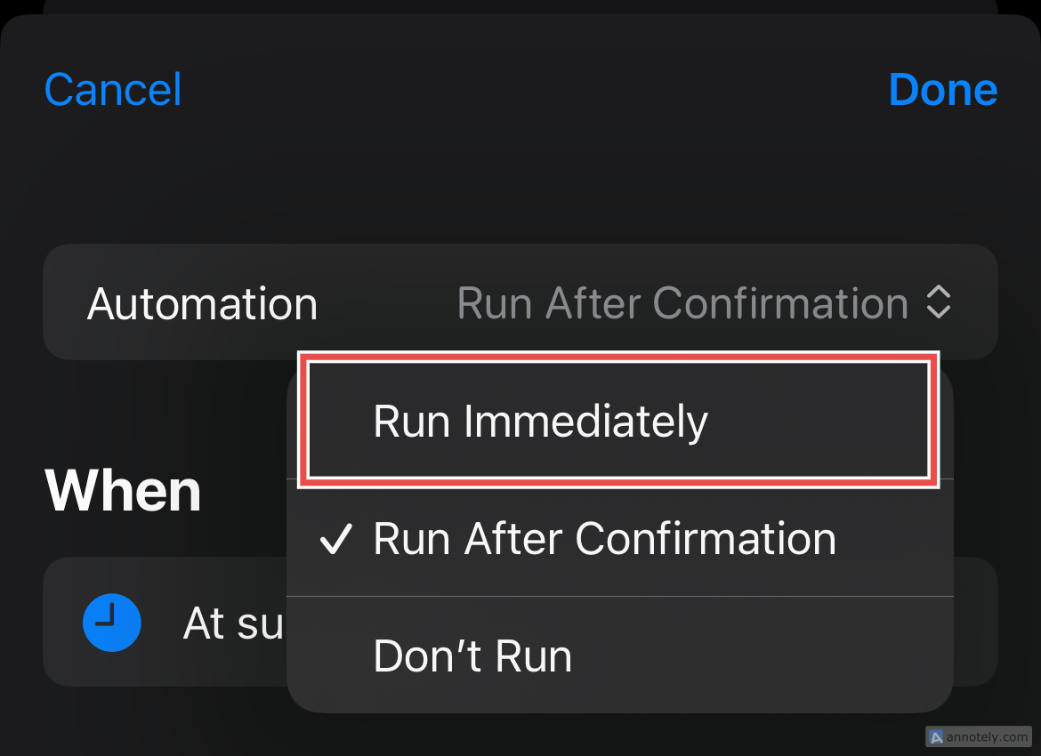 The Run Immediately option for automation in Shortcuts.