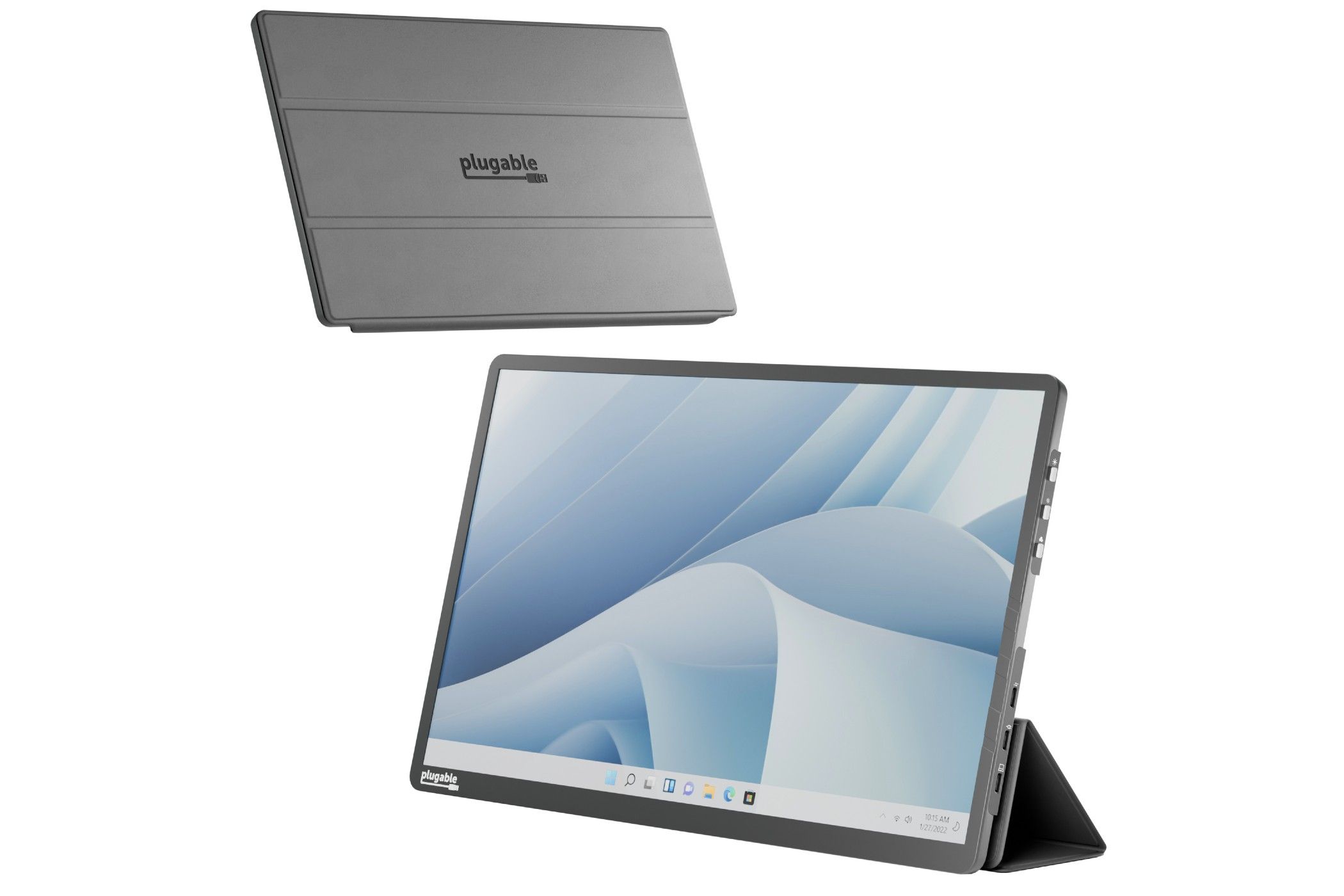 Plugable 15.6" USB C Portable Display (USBC-PDMON) open and closed next to each other 