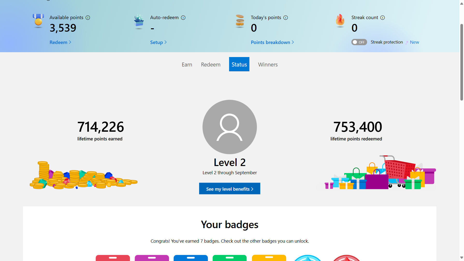 The Microsoft Rewards status screen, showing lifetime points earned and redeemed.