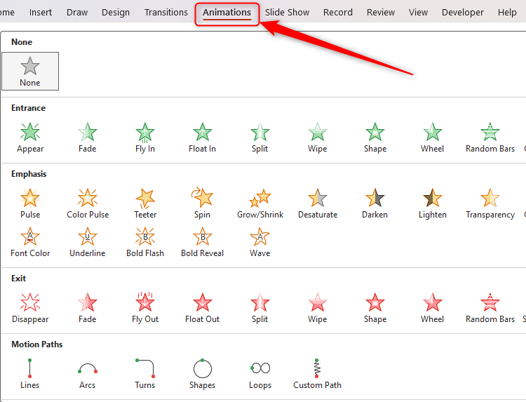 PowerPoint's Animation drop-down is opened, displaying the many different types of animations available.