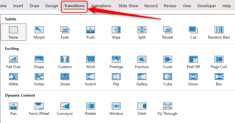 PowerPoint's Transiton drop-down is opened, displaying the many different types of transitions available.