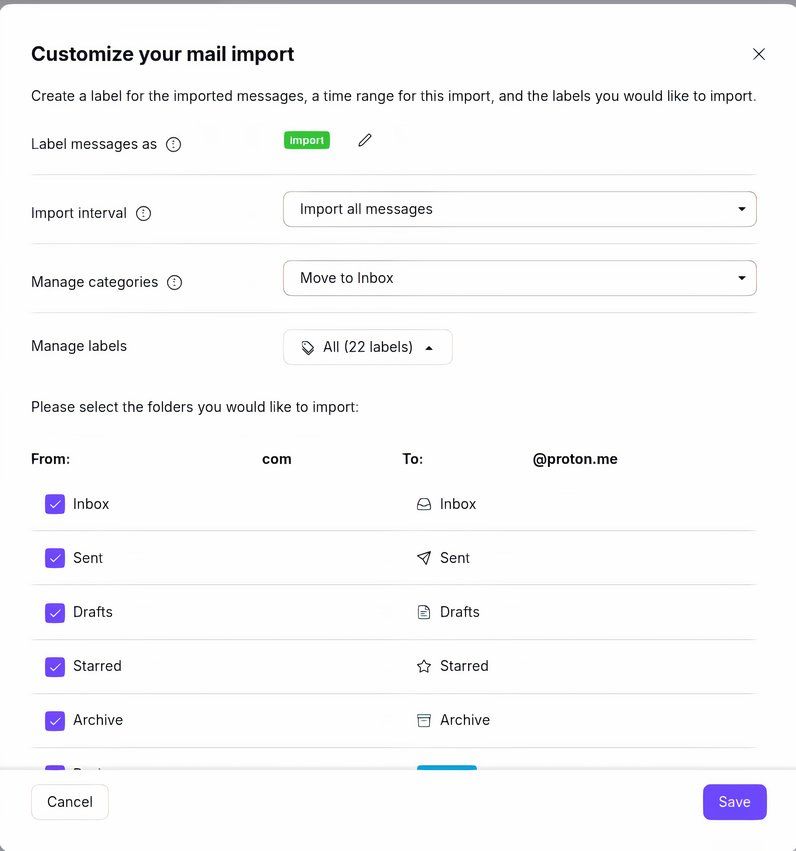 Proton Mail import options