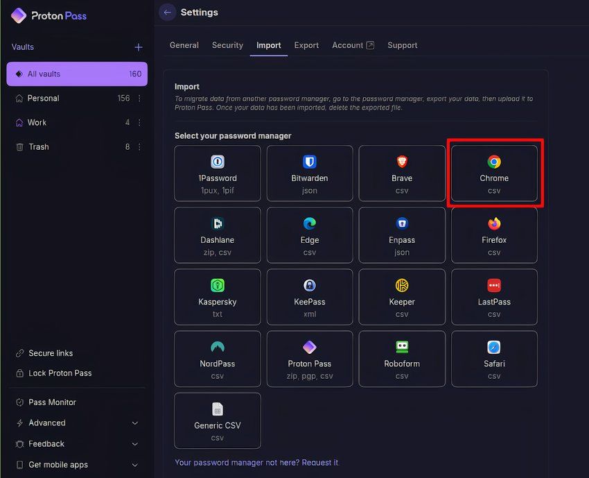 Choose import service for Proton Pass