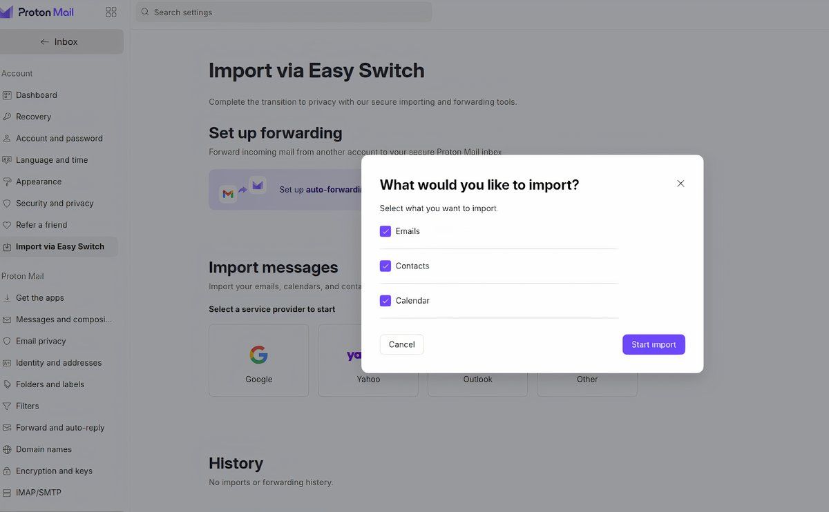 Choosing what to import to Proton Mail