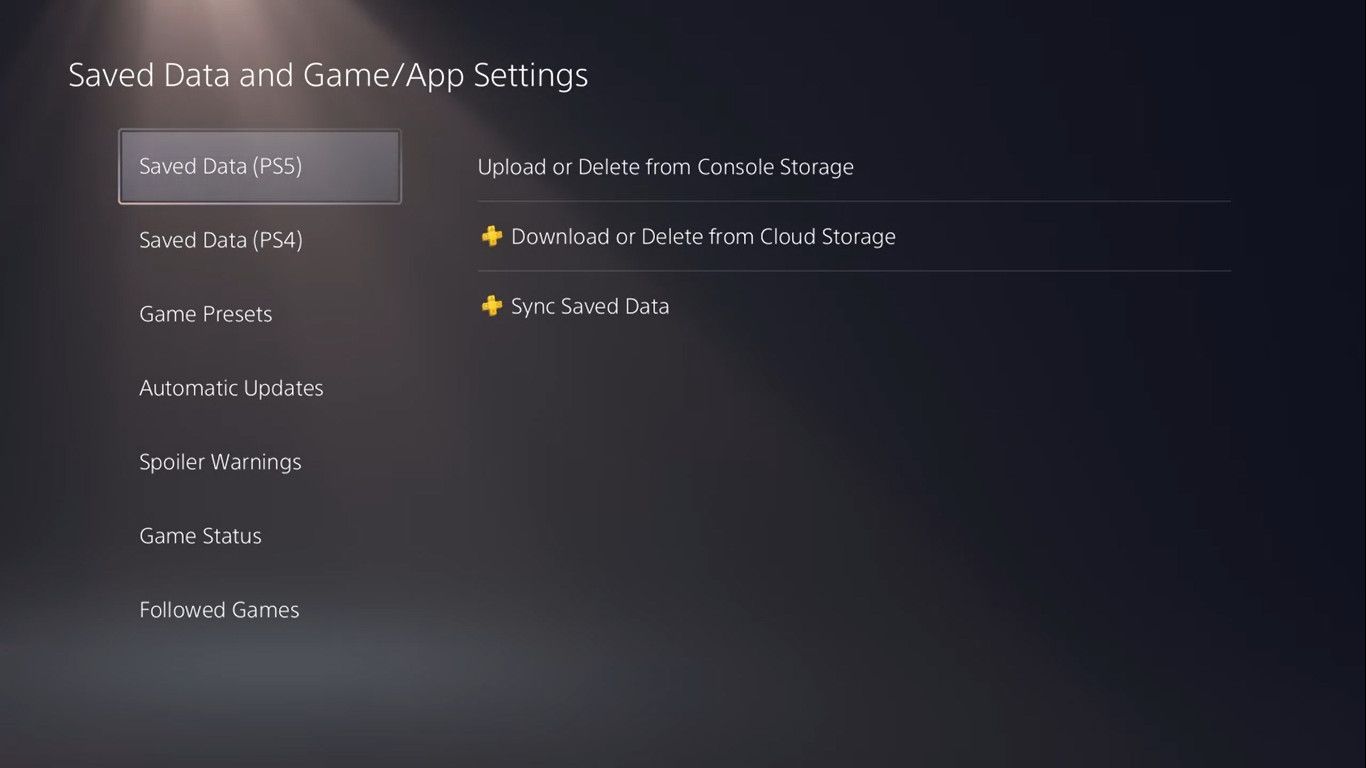 PS5 Saved Data and Game App Settings.