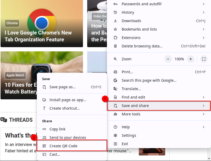 In the Chrome settings menu, hover over 'Save and Share' and then click 'Create QR Code'.