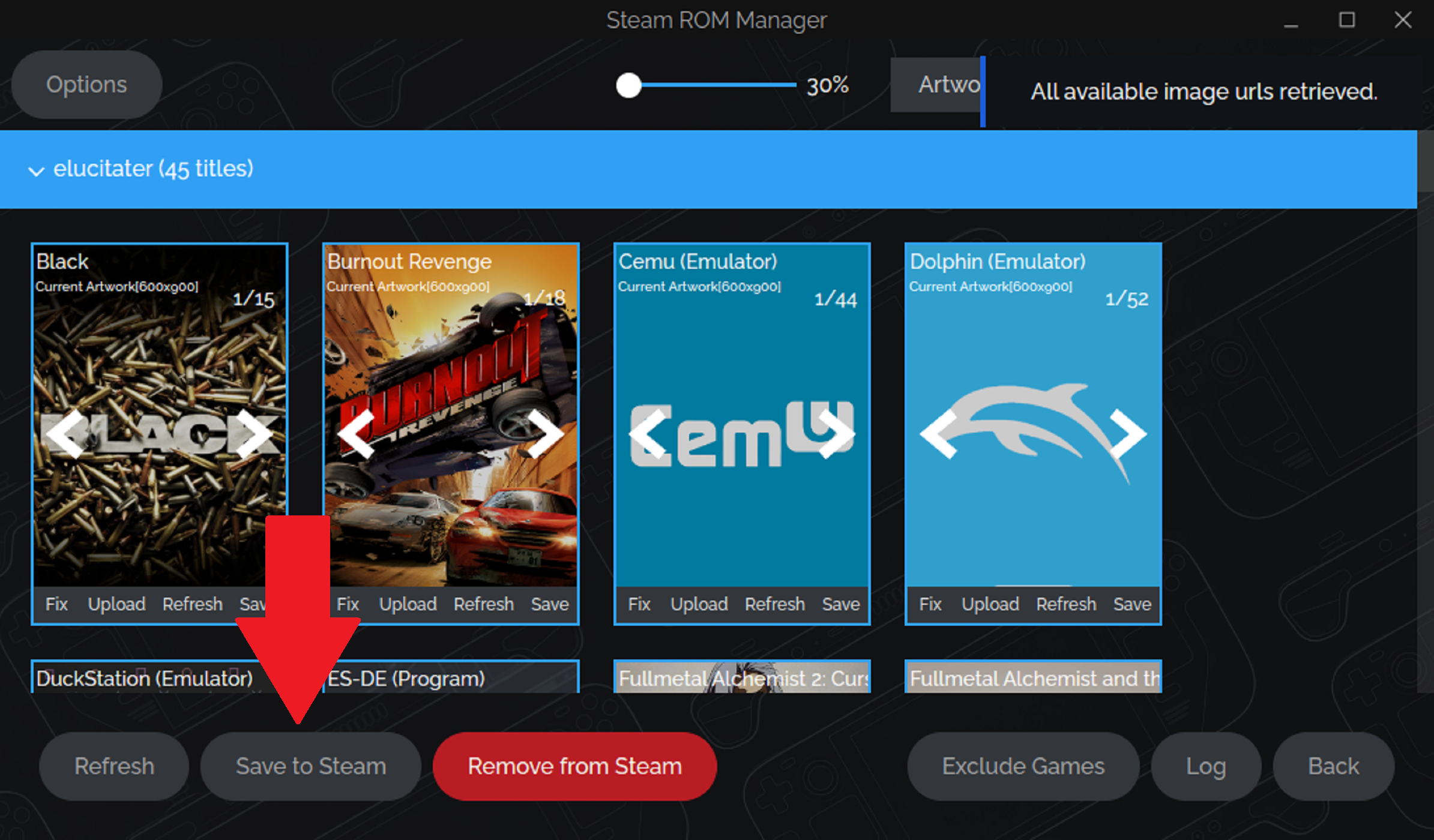 The Emudeck ROM manager adding games to Steam