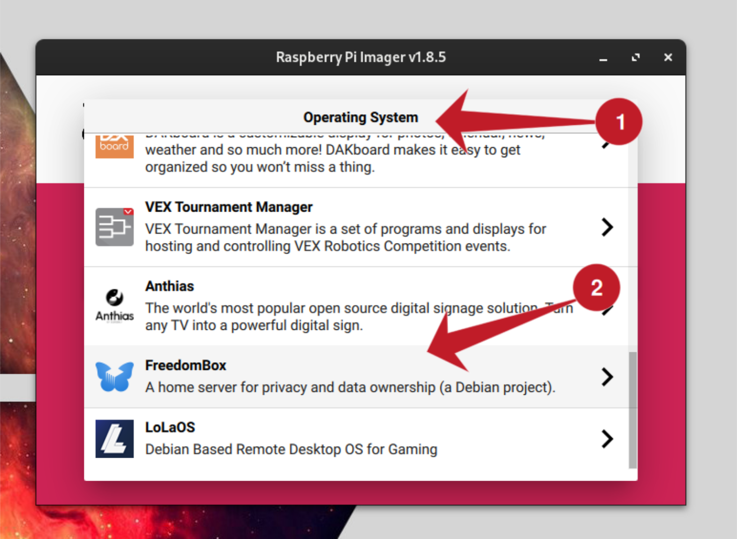 Raspberry Pi os selection.