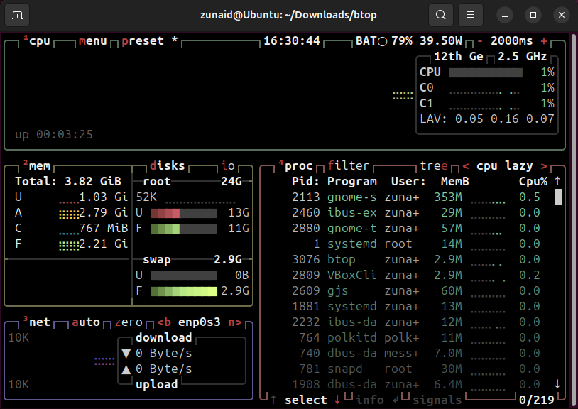 An example of btop running on Linux.