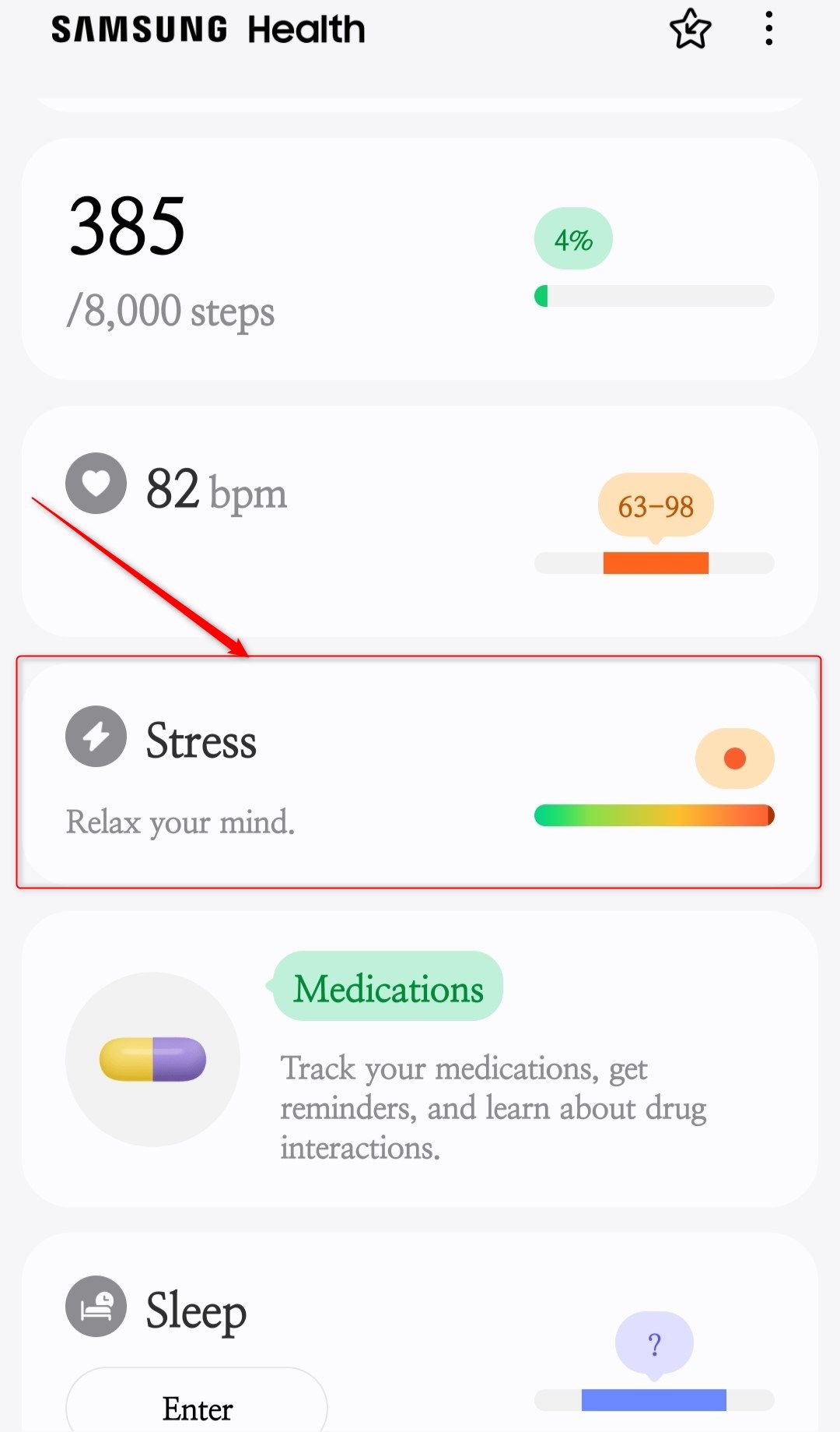 A screenshot of the Samsung Health App, Highlighting the Stress Section.