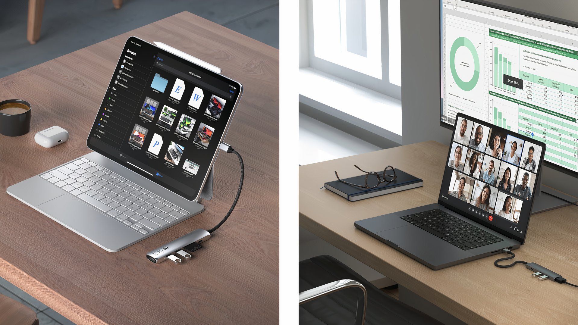 Two images showcasing Satechi's 6-in-1 and 4-in-1 USB-C adapters in lifestyle settings.