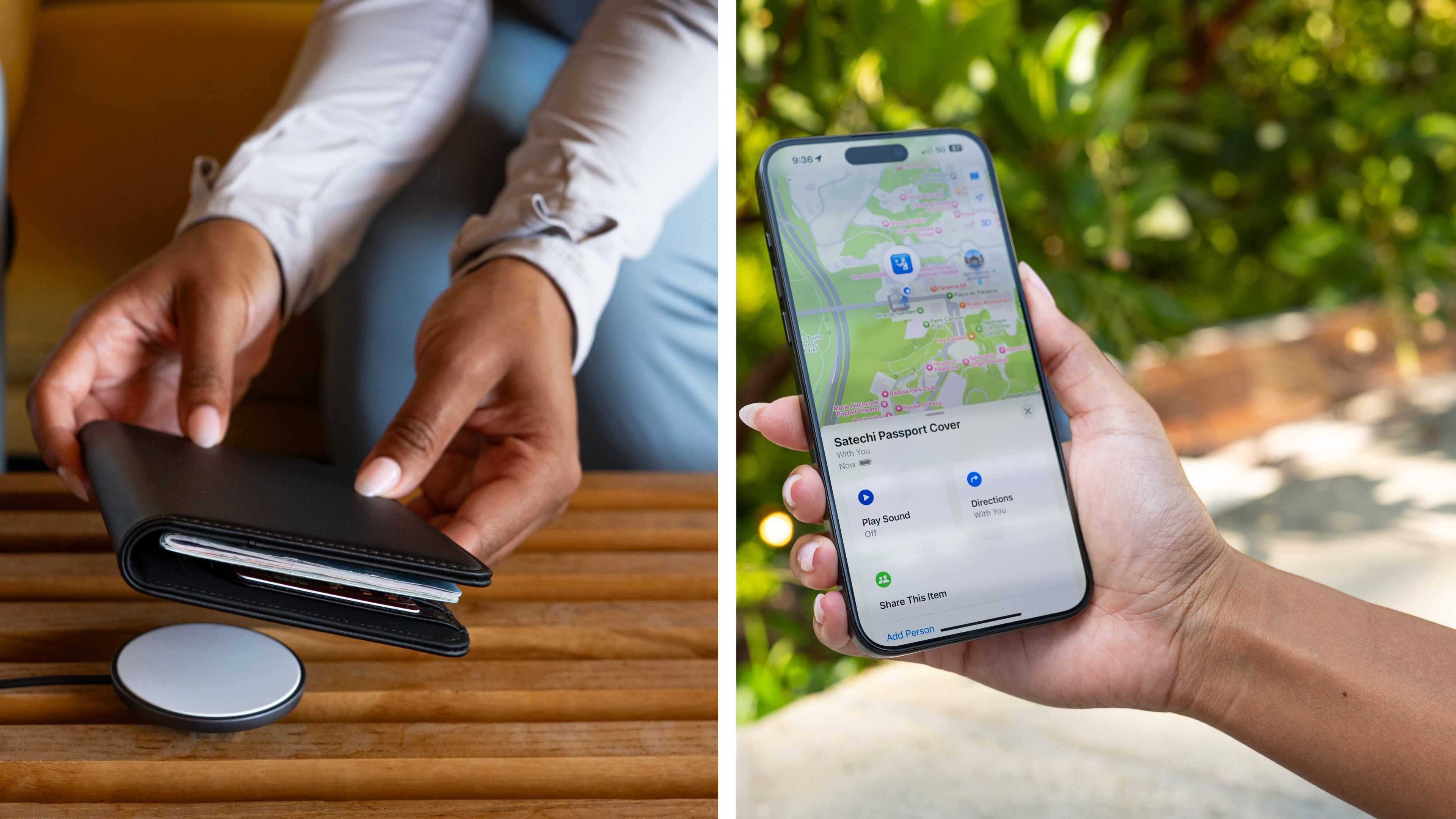 Two images showcasing Satechi's passport holder on a Qi charger and locating it via Find My on iPhone.