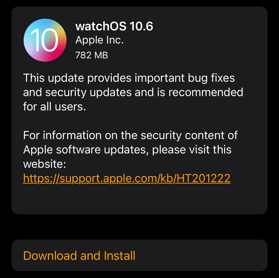 Downloading and installing a watchOS update via the Watch app for iPhone.