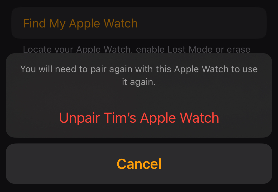 Unpairing an Apple Watch using the Watch app on iPhone.