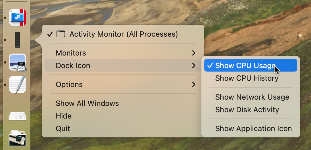 Monitoring CPU usage in Activity Monitor on macOS using the dock icon.