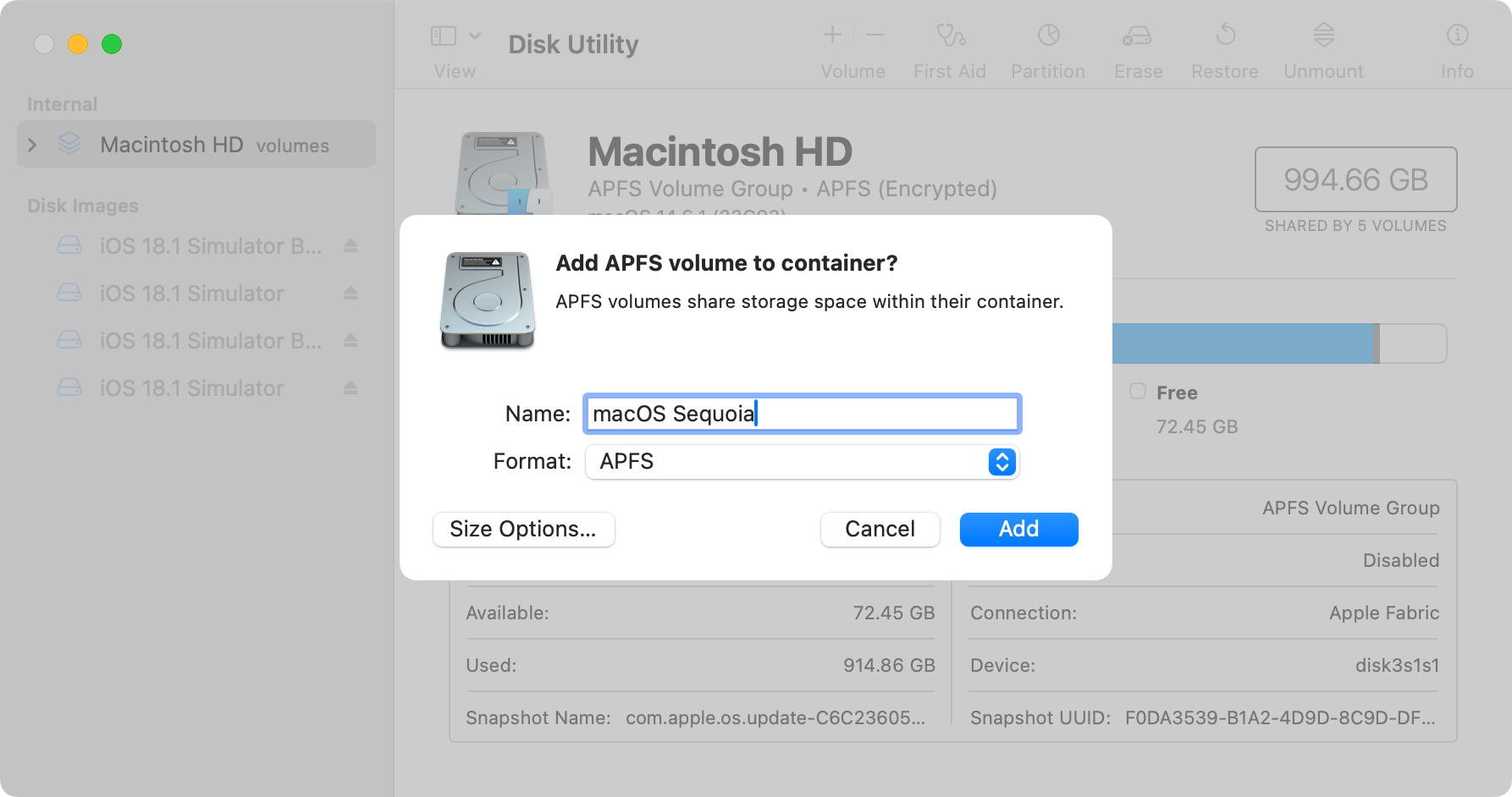 Creating a new volume in "Macintosh HD."