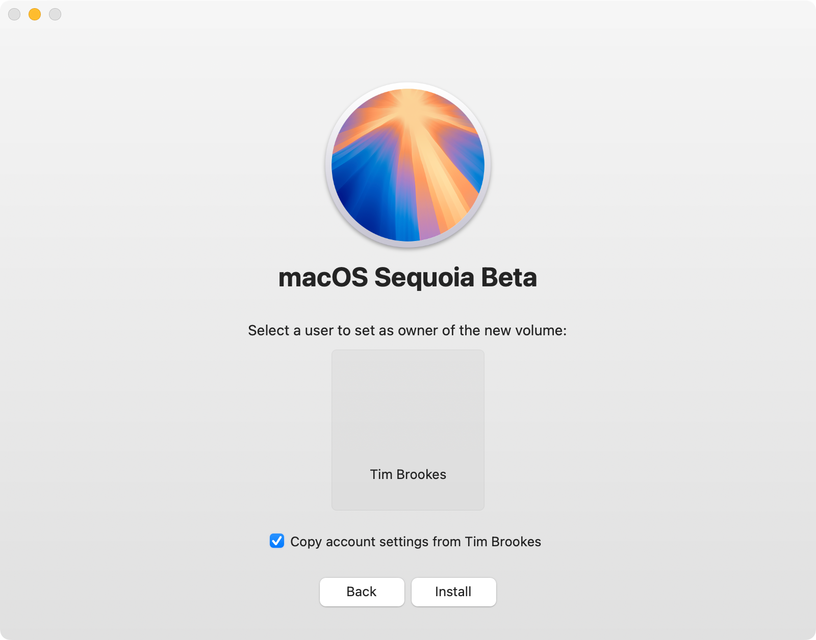 Last step of installing the macOS beta.