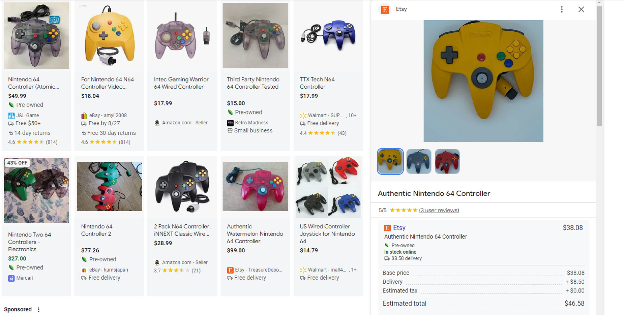 Various online listings for the Nintendo 64 controller