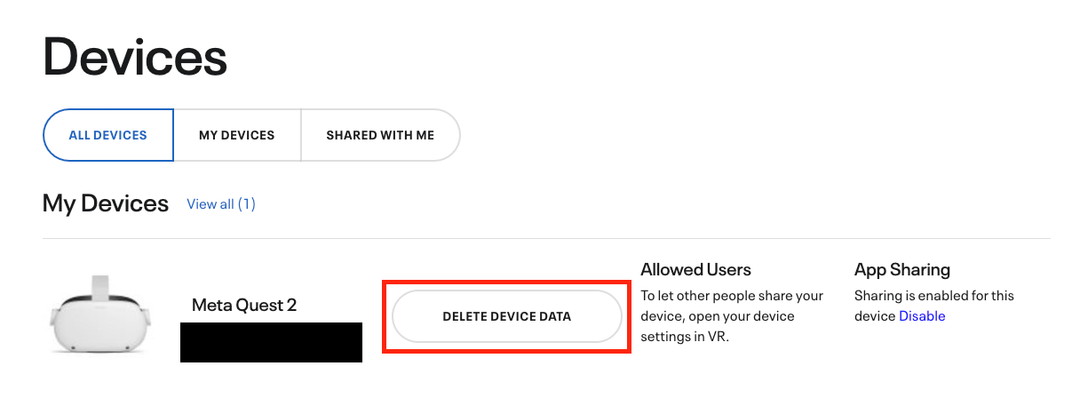The Meta Quest devices page where one can remove headsets from an account.