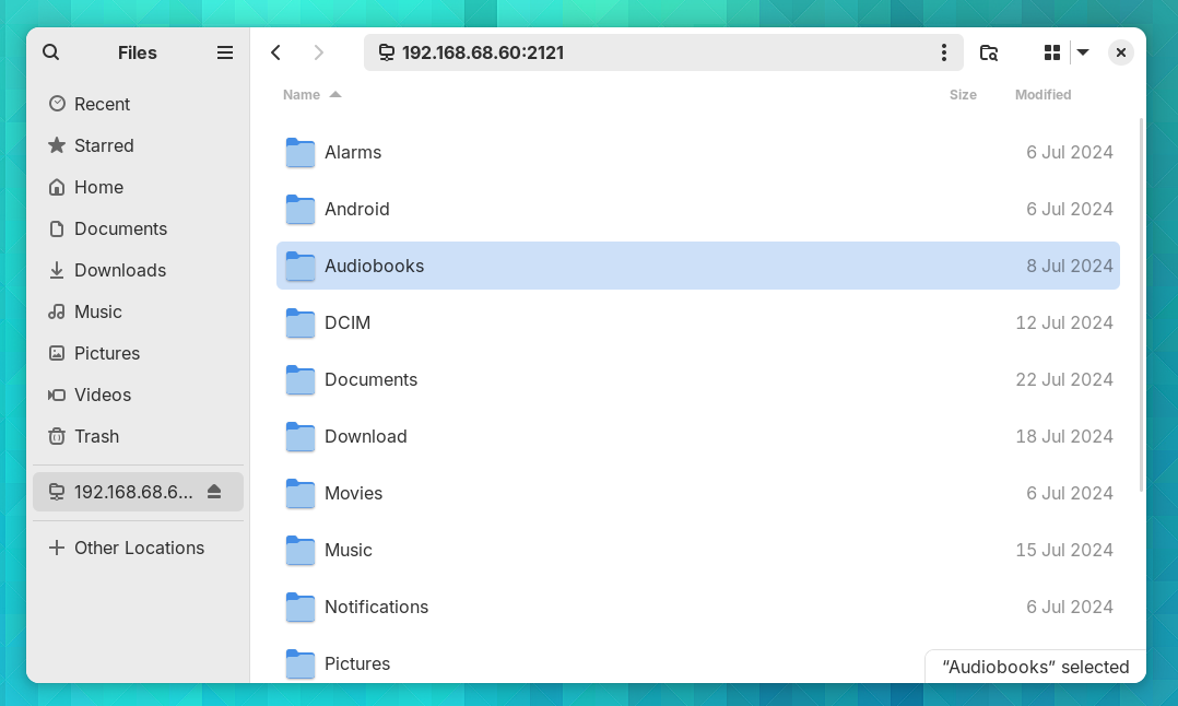 GNOME Files connected to an FTP server.