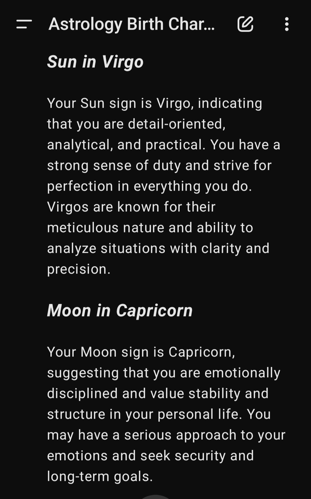 A screenshot of the response including Sun sign and moon sign explanations